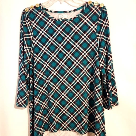 Kim Rogers Tops - Kim Rogers Romy Green Red Boxy 3/4 Sleeve Blouse M High Low Hem
